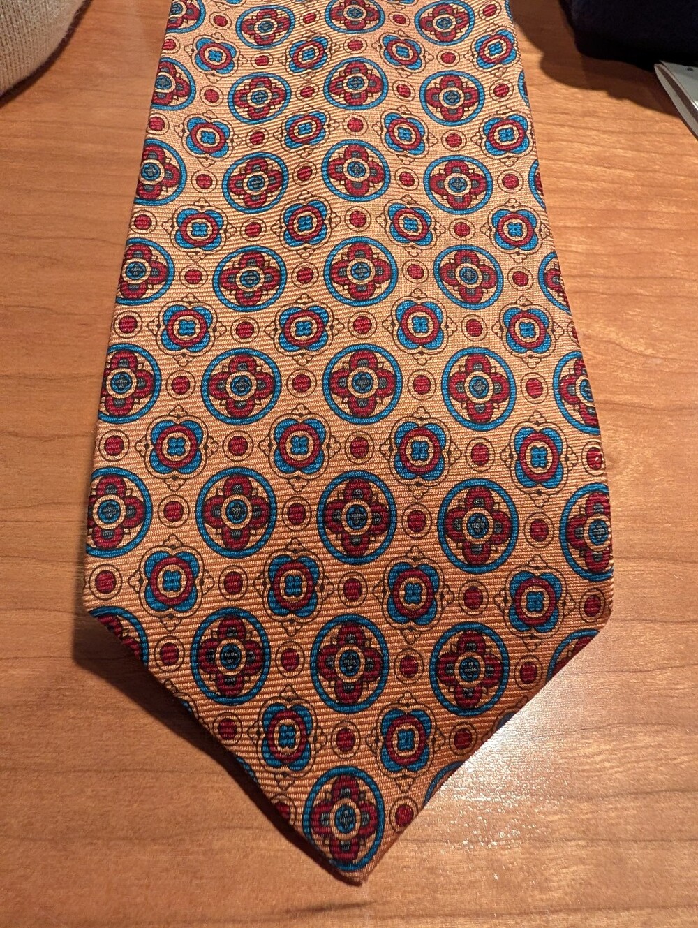 Jeffrey banks Beige Medallion Silk Tie with Blue and Red Accents